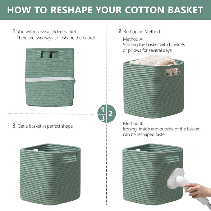 UBBCARE Set of 4 Storage Basket-13 X 13 X 13 In, Cotton Rope Basket for Shelves, Toys, Book, Cube Storage Bins with Handles, Woven Storage Basket for Organizing, Green - Image 7