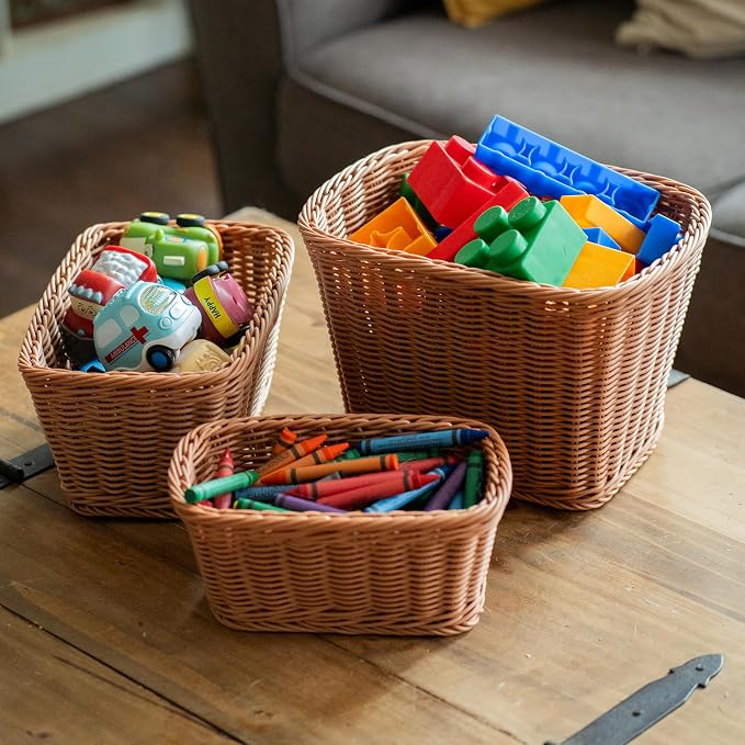 Constructive Playthings Plastic Wicker Woven Storage Baskets, Set of 3 | Nested baskets, Set of 3 for storage, gift baskets or organizing, woven for sturdyiness, washable plastic - Image 5