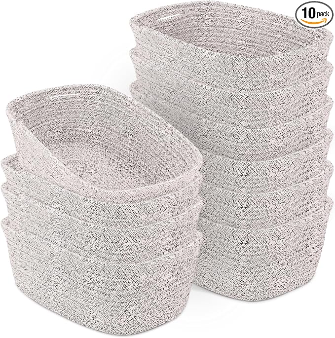 10 Pack Khaki Small Woven Baskets for Organizing, 12"x8"x5" Cotton Rope Storage Bins with Handle, Empty Gift Basket Kit for Baby Shower, Nursery, Shelf, Bathroom & Closet Organizing by AFOROEOA