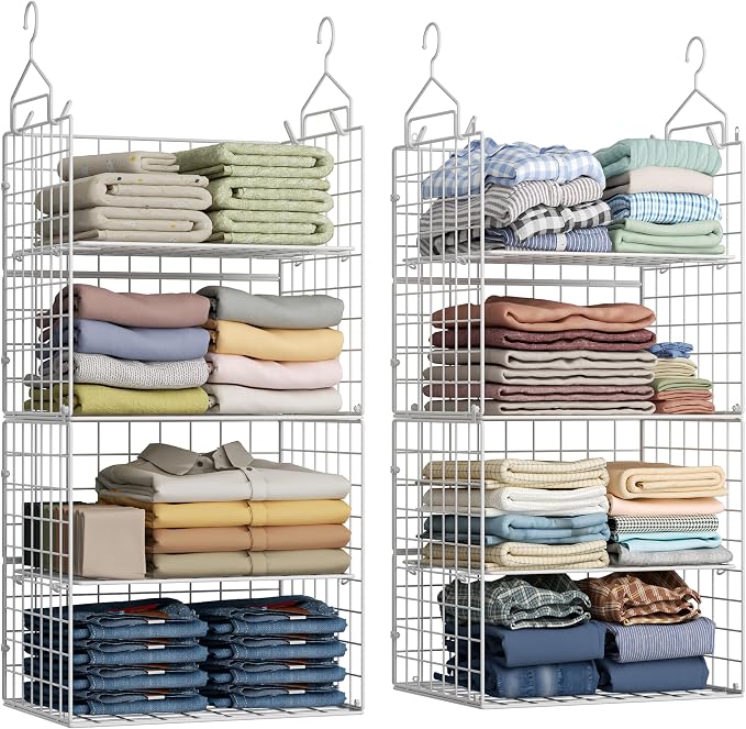 X-cosrack 8-Tier Closet Hanging Organizer Shelf - Hanging Clothes Organizer Shelves, Metal & Foldable Hanging Closet Organizer Baskets with Adjustable Dividers for Clothing Sweaters Shoes Handbags by X-cosrack