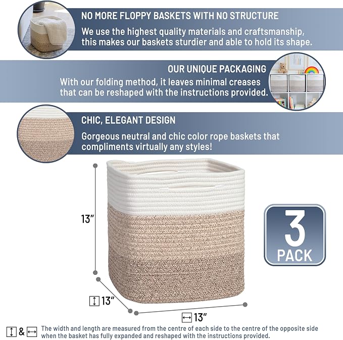 NaturalCozy 13 Inch Cube Storage Bins Cotton Rope Woven Baskets for Organizing 3-Pack | 13 x 13 Storage Cubes | Fabric Square Storage Baskets for Shelves Organizer, Kids Toy Bins, Closet Baby Nursery - Image 2