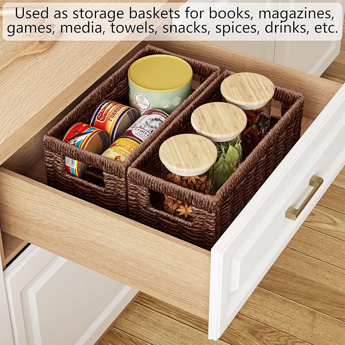 Wicker Storage Basket, Set of 2 Hand Woven Wicker Baskets for Organizing with Handles, Decorative Small Storage Bins for Countertop Toilet Paper Basket for Toilet Tank Top, Shelves, Brown - Image 7