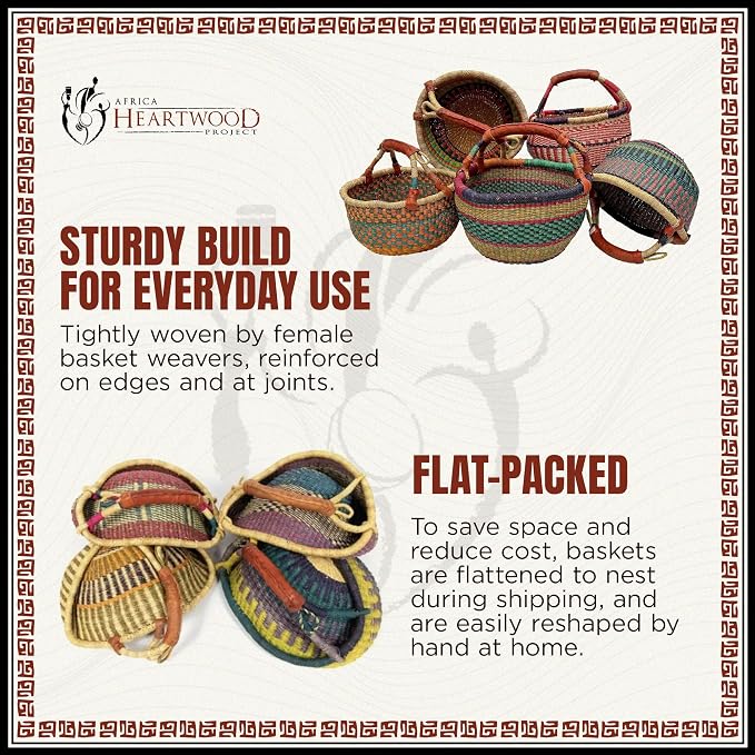 Africa Heartwood Project - Deluxe Colorful African Basket with Leather Handle - Handmade from dried Elephant Grass, Hand-Woven by Women in Bolgatanga, Ghana - Medium 14" Round Flat-packed - Image 3