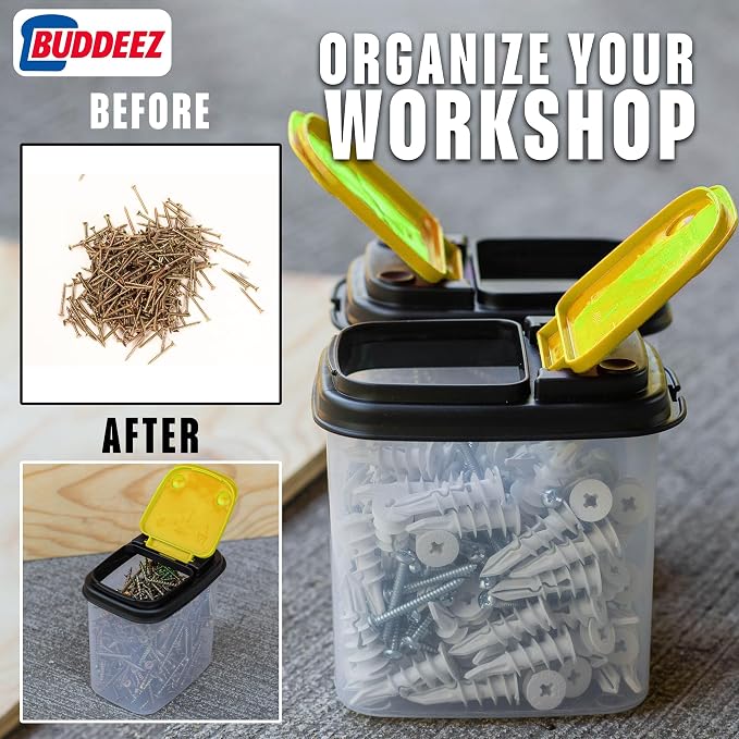 Buddeez Stackable Hardware Storage Bins, Workshop Organizer 1 Quart 12-Pack | Clear bins for easy visibility, Stackable lids, Organizes nuts, bolts, screws and small parts, Workshop or garage storage - Image 3