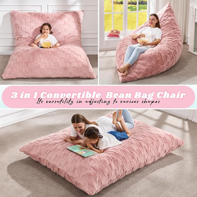 Hobestluk Adult Bean Bag Chair 3 in 1 Convertible Large Bean Bag Sofa | Plaid Pink,Machine Washable,Removable Cover,Easy Convert And Install, Oversied Floor Bed,For Livingroom Bedroom - Image 4