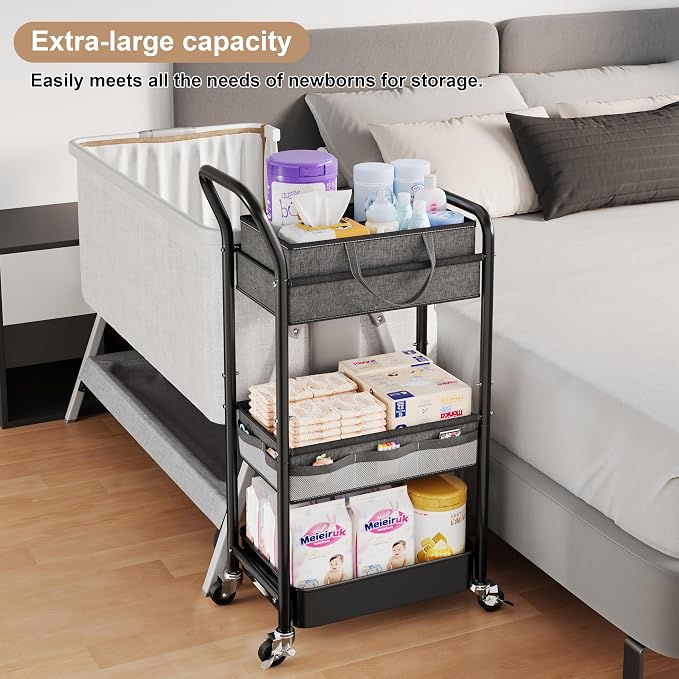 Baby Diaper Caddy Organizer Cart with Adjustable Shelf and Detachable Dividers, Grey 3 Tier Postpartum Carts on Wheels, Rolling Storage Cart for Baby Essentials, Newborn Must Haves, Bedside, Nursery - Image 4