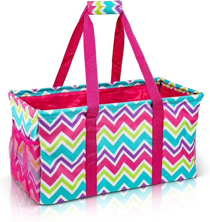 Extra Large Utility Tote Bag - Oversized Collapsible Reusable Wire Frame Rectangular Canvas Basket With Two Exterior Pockets For Beach, Pool, Laundry, Car Trunk, Storage - Chevron Multi by Lucazzi