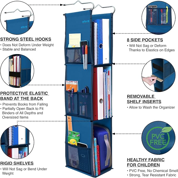 ABRA® 3 Shelf Hanging Locker Organizer for School, Gym, Work, Storage | Wide Shelves 6.5”x 9”| Eco-Friendly Fabric Healthy for Children | Adjustable School Locker Shelf from 3 to 2 Shelves (Navy Blue) - Image 4