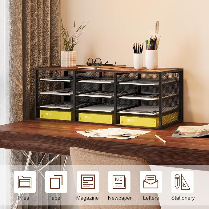 TQVAI 12 Compartments Desktop Literature Organizer, Metal Frame Paper Sorter with Handles, Heavy Duty Mailbox for Classroom and Office, Wood File Organizer for Document, Bill, Magazine, Antique Brown - Image 3
