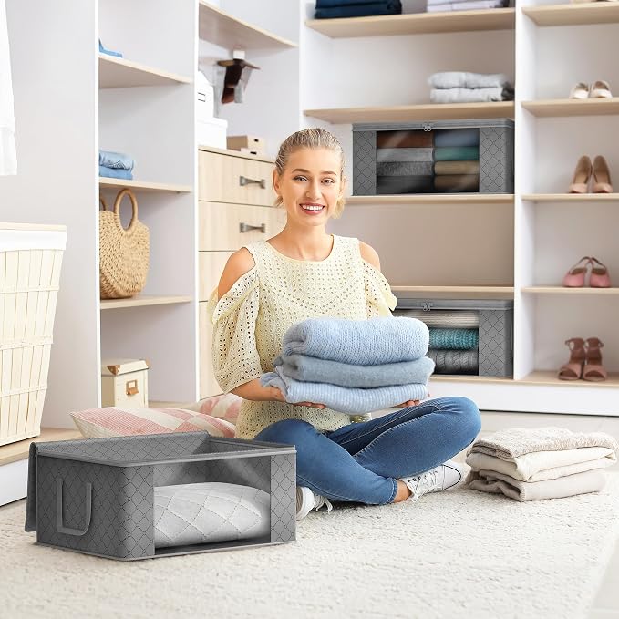 Sorbus Medium Clothes Storage Bags - Foldable Blanket Storage Bins for Organizing Bedroom, Closet, Clothing, Comforter, Organization with Clear Window, Lids and Carry Handles - Set of 3 - Image 2