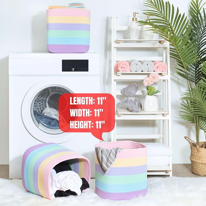 3-Pack 11x11in Woven Cube Storage Bin and Shelf Baskets, Cute Decorative Square Organizer for Closet, Classroom, Bathroom, Dog and Cat Toys, and Books, Pastel Rainbow - Image 7