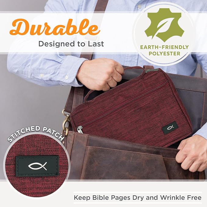 Christian Art Gifts Polyester Bible Cover for Men & Women w/Jesus Fish Patch, Secure Zipper Pocket, Pen Loops, Easy Carry Stationery Book Case, Accessories, Burgundy, Large - Image 7