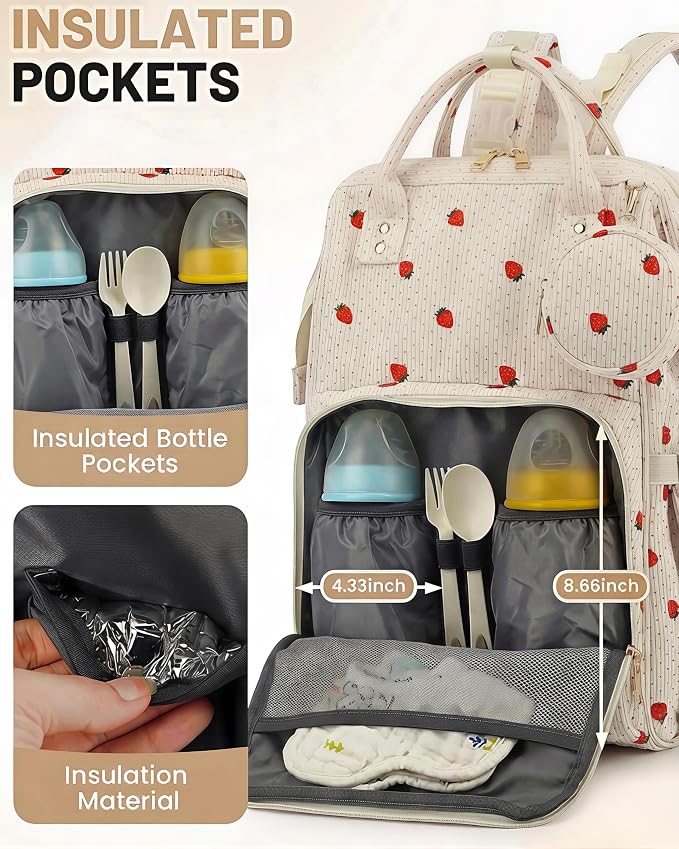 Corduroy Diaper Bag Backpack, Large Capacity Multifunction Baby Diaper Bags for Women, Insulated Bottle Pockets & Pacifier Case, Stylish Travel Nappy Changing Bags for Mom Dad (Strawberry) - Image 3