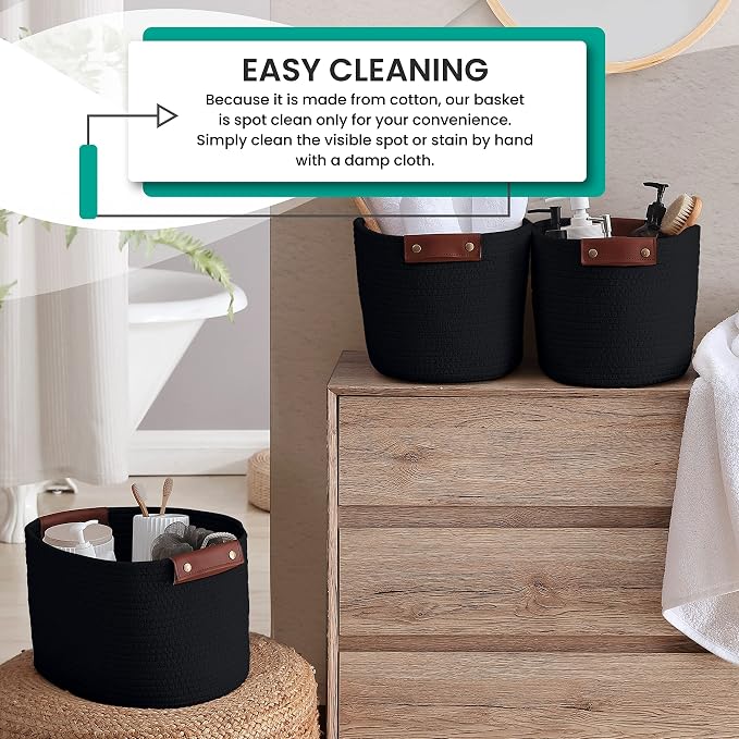 3 Pack Woven Cotton Rope Storage Basket, 15x10x9, Black | Faux Leather Handles; Decorative Closet Shelf Organizer; Ideal for Storage & Organization - Image 5