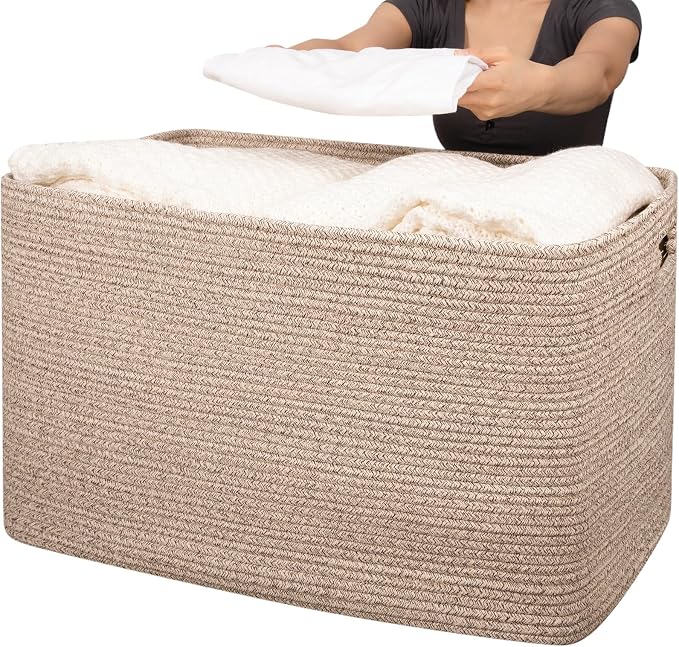 OIAHOMY 118L XXXLarge Cotton Rope Storage Basket, Oversized Blanket Basket, Used for Organizing Dirty Clothes in Living Room, Bedroom, Nursery, Dog Toy Storage Bins, 25" x 17" x 16",Brown variegated by MasterofSpaceOptimization