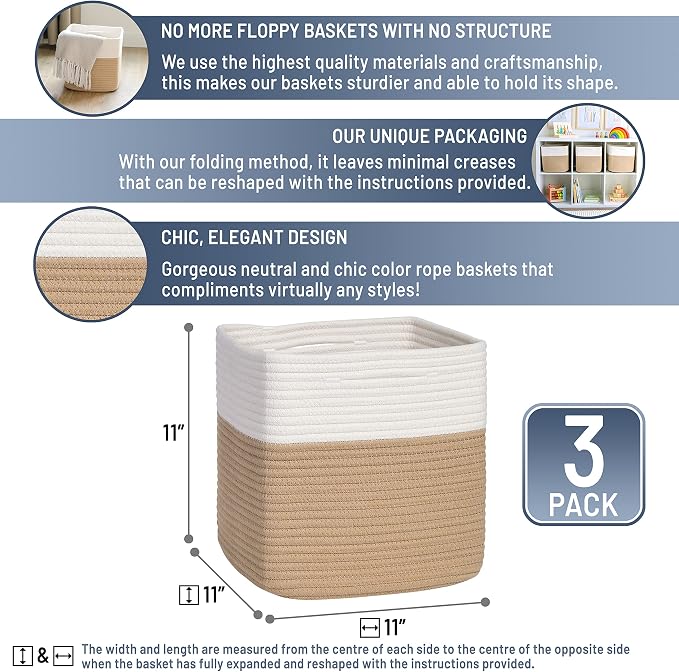 NaturalCozy Storage Cubes 11 Inch Cotton Rope Woven Baskets for Organizing, 3-Pack | Cube Storage Bin | Square Storage Baskets for Shelves Organizer, Classroom, Kids Toy Bins, Closet, Baby Nursery - Image 2