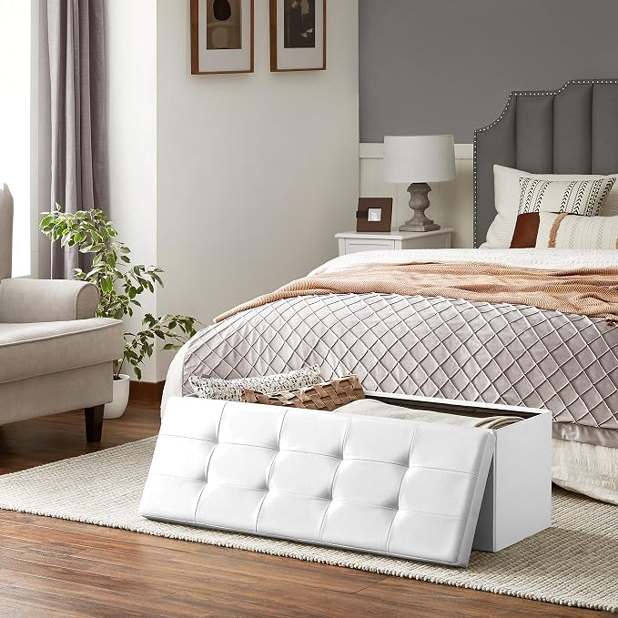 SONGMICS MAZIE Collection - 43 Inches Storage Ottoman Bench with Flipping Lid, Storage Chest with Iron Frame Support, Load 660 lb, for Living Room, Bedroom, Synthetic Leather, White ULSF75WT - Image 4