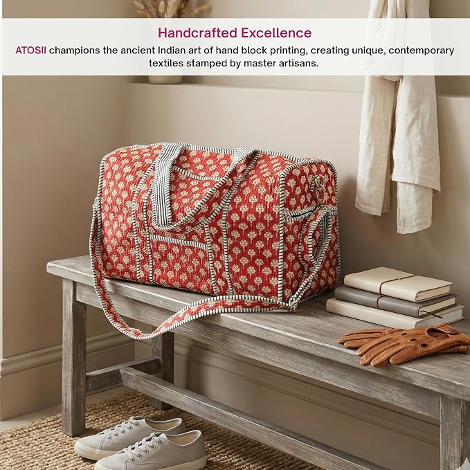 ATOSII Handblock Print 100% Cotton Large Quilted Duffle Bag for Overnight Trip, Travel Weekend Bag, Luggage, 2 Pockets with Zipper, 1 Front Pocket, Detachable Long Strap, 20 X 10 X 12 Inches, Terra - Image 6