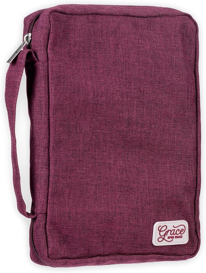Christian Art Gifts Value Poly-Canvas Bible Cover Case for Women: Grace Upon Grace - John 1:16 Inspirational Scripture w/White Rubber Badge, Pocket, Pen Loops to Organize Accessories, Plum, Medium by ChristianArtGifts