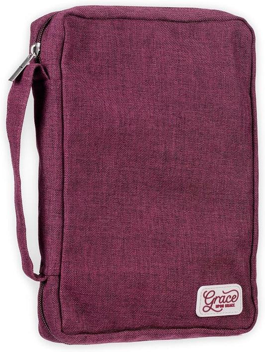 Christian Art Gifts Value Poly-Canvas Bible Cover Case for Women: Grace Upon Grace - John 1:16 Inspirational Scripture w/White Rubber Badge, Pocket, Pen Loops to Organize Accessories, Plum, Medium by ChristianArtGifts