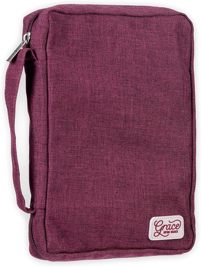 Christian Art Gifts Value Poly-Canvas Bible Cover Case for Women: Grace Upon Grace - John 1:16 Inspirational Scripture w/White Rubber Badge, Pocket, Pen Loops to Organize Accessories, Plum, Large by ChristianArtGifts