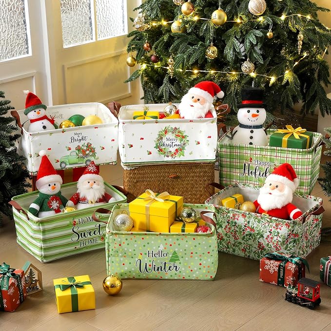 CHENGU 6 Pack Christmas Storage Basket Collapsible Christmas Tree Basket for Gift Green Truck Holiday Decor Large Flower Wreath Bin Foldable Hello Winter Dotted Box with Handle for Bedroom Office Home - Image 2