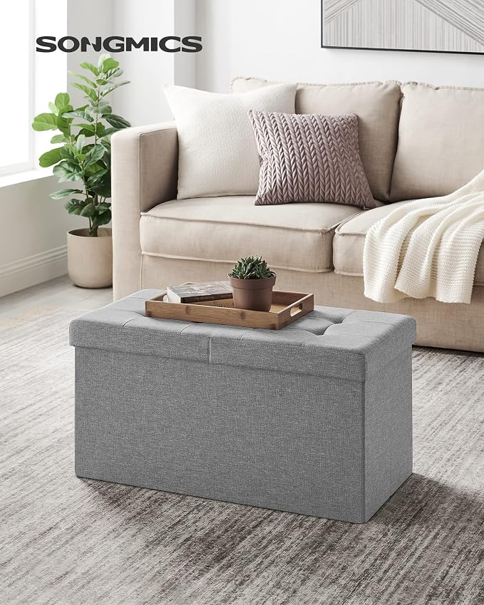 SONGMICS Mazie Collection - 30 Inches Storage Ottoman, Foldable Storage Bench with Flipping Lid, 660 lb Load Capacity, for Entryway, Living Room, Bedroom, Light Gray ULSF41G - Image 2