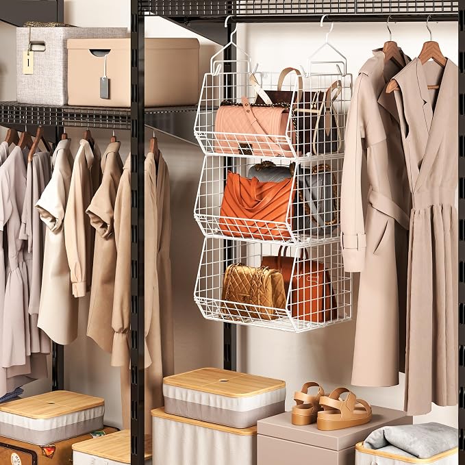 X-cosrack 3 Tier Foldable Closet Organizer, Clothes Shelves with 5 S Hooks, Wall Mount&Cabinet Wire Storage Basket Bins, for Clothing Sweaters Shoes Handbags Clutches Accessories-White Patent Design - Image 8