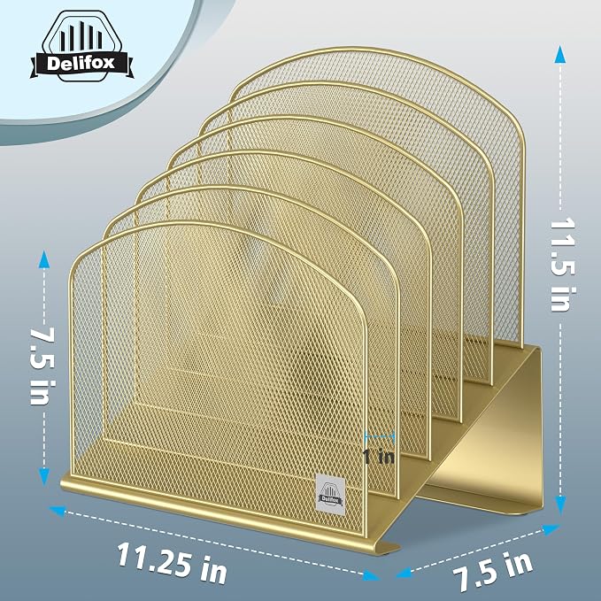Delifox Inclined Desk File Organizer,Vertical File Folder Holder Stand Metal Rack File Sorter for Office Classroom Desktop Organization (1, Gold, 5) - Image 2