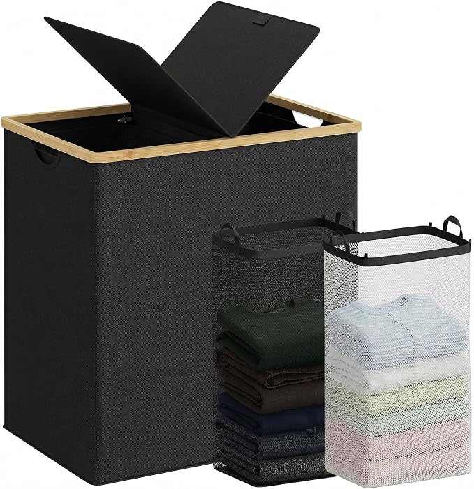 efluky Laundry Hamper with Lid, Double Laundry Basket with 2 Removable Bags, 2 Section Laundry Bin with Bamboo Handles for Bathroom, Bedroom & Laundry Room, 140L (36.9 Gallon) Black by efluky