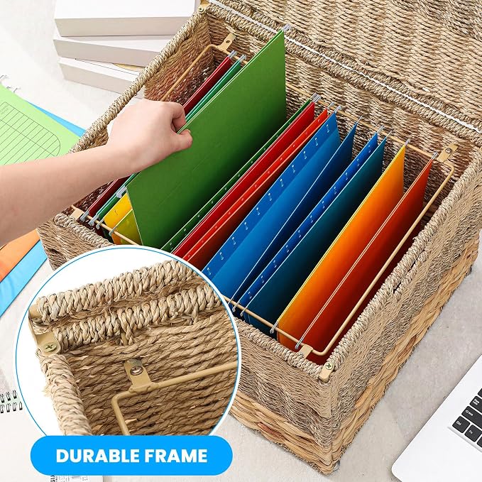 Cinnvoice Extra Large Decorative File Box 18 x 16 x 13 in Wicker Seagrass File Basket Organizer for Letter Legal Size Hand Woven Hanging Filing Cabinet with Lid for Office Water Hyacinth, Tricolor - Image 4