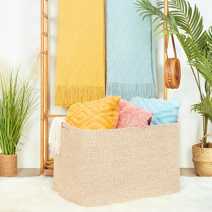 112L Extra Large Blanket Basket Holder Living Room, 25"x17"x16" Rectangle Rope Woven Storage Basket with Handles for Laundry, Towels, Shoes, Dog Toy Organizer Bin Box, Oatmeal Brown - Image 2