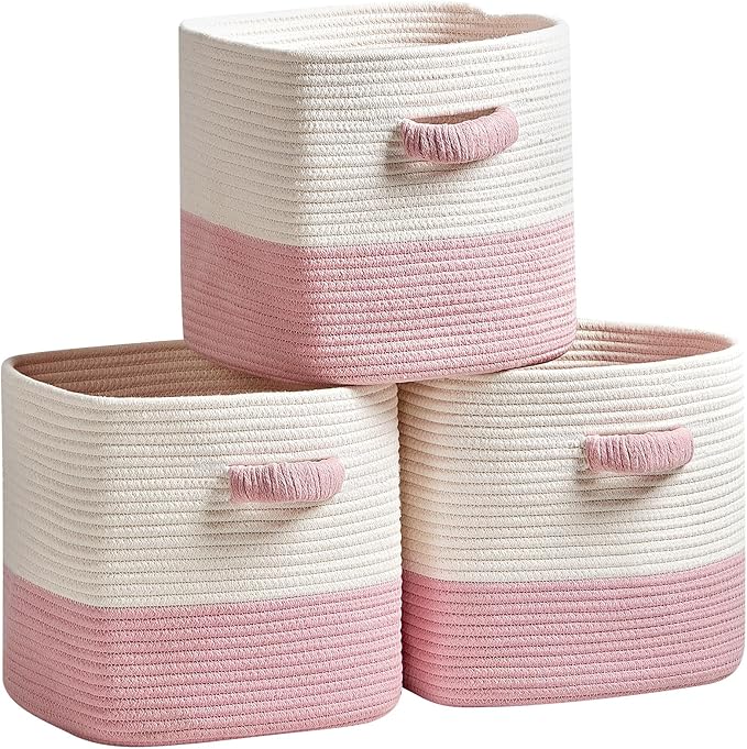 R RUNKA Storage Cube Baskets for Organizing 11 inch-3 Pack- Square Baskets for Cube Storage, Closet Storage Bins - Woven Cube Storage Bins for Shelves- Cube Drawer- Ideal for Toy Storage White & Pink by RRUNKA