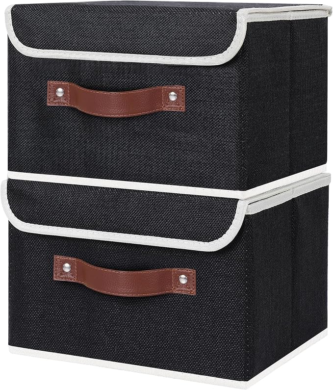 ANMINY Fabric Storage Box Bins with Lids, Black, 10"x8"x7", 2 Pack | Keepsake Memory Storage, Cotton Linen, PP Board Reinforced, Washable, PU Handles, Foldable & Stackable, Decorative, Small - Image 2