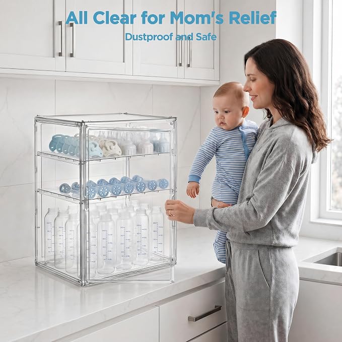 HBlife Baby Bottle Storage Organizer for Countertop Cabinet, 3 Tiers Adjustable Clear Acrylic Bottles Storage Station Case Box Container with 2 Removable Dividers and Magnetic Door, XXL - Image 2