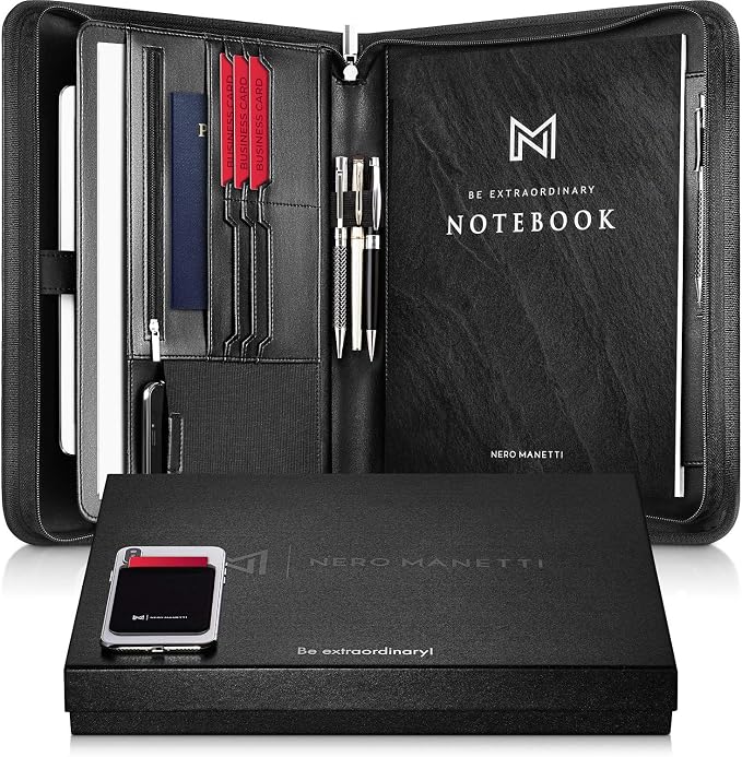 NERO MANETTI- Zippered Vegan Leather Padfolio/Portfolio Pad Holder-Business PU Leather Notepad Folder for Resumes, Interviews, iPad/Tablet, Phone, Legal Pad Notebook Executive Binder for Women, Men by Nero+Manetti
