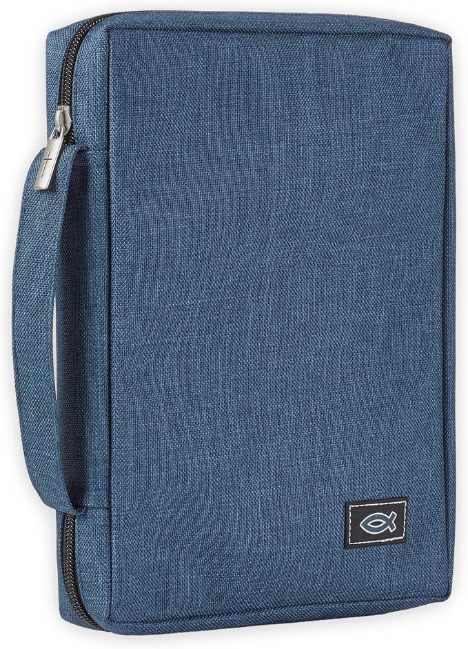 Christian Art Gifts Men/Women's Bible Cover Jesus Fish, Blue Canvas, Medium by ChristianArtGifts