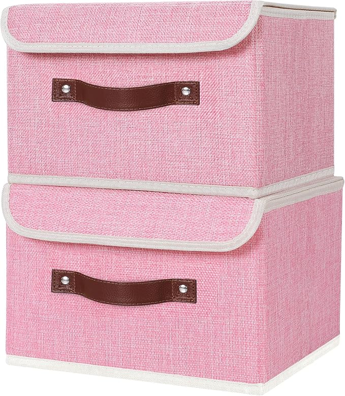 ANMINY Fabric Storage Box Bins with Lids, Pink, 10"x8"x7", 4 Pack | Keepsake Memory Storage, Cotton Linen, PP Board Reinforced, Washable, PU Handles, Foldable & Stackable, Decorative, Small - Image 8