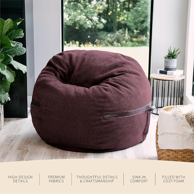 Big Joe Fuf 5Ft Oversized Foam Bean Bag Chair with Removable Cover for Kids, Teens, Adults, Merlot Cloudweave, 5 Foot Large Reading and Gaming Seat | Premium Shredded Foam Filled, Cloudweave, Adult-Sized Comfortable Seating, Supports Up to 300 lbs - Image 6