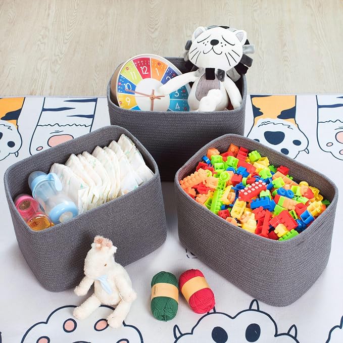 3-Pack Decorative Woven Storage Baskets for Shelves, Cube Bin Box for Organizing Books, Shoes, Dog Toys, Pantry Closet and Living Room Organizer, Charcoal Gray - Image 5