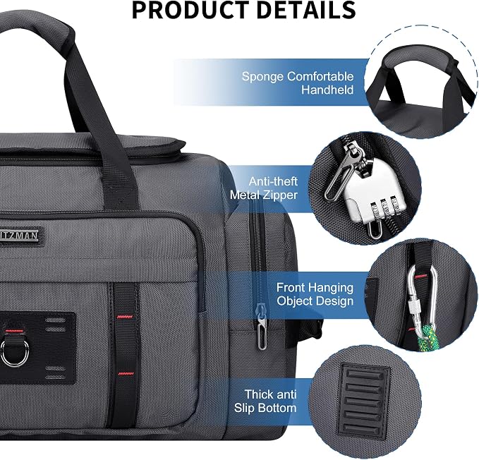 WITZMAN Duffle Bag for Men Large 49L Convertible Nylon Travel Sports Bag | With Shoe Compartment and Dry-wet Pocket, Fits 16" Laptop, Carry On, For Gym, Weekender, Overnight Trips, B719 Silvery Grey - Image 7