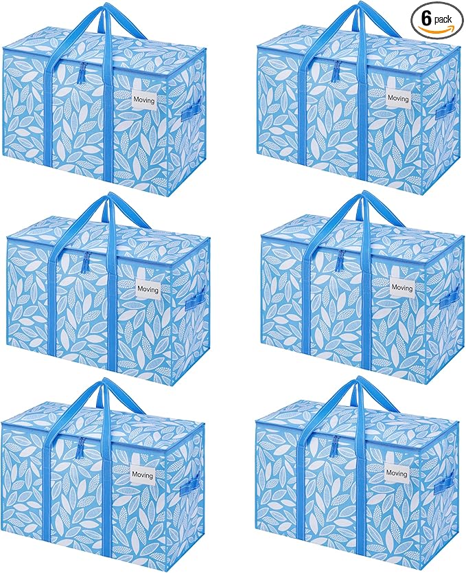 VENO 6 Pack Heavy Duty Moving Bags, Extra Large Storage Bags with Reinforced Handles & Strong Zippers, Foldable & Reusable Moving Box Alternative for Clothes & Dorm Storage by Veno