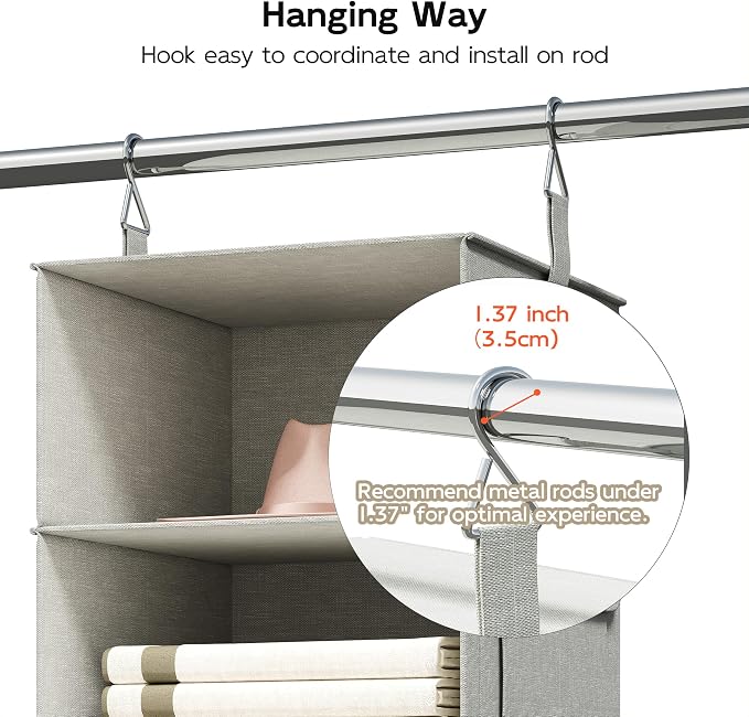 2 Pack 3-Shelf Hanging Closet Organizer with 2 Drawers, Silver Gray | Two Hanging Organizers with Fabric Drawers, Space-Saving Closet Storage for Clothes, Baby Items, Nursery and Dorm Rooms - Image 7