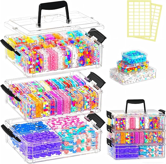 Bead Organizer Box 58 Pcs, 3-Tier Stackable Storage Box, and 3 Different Container Sizes Small Plastic Containers with Lids, Portability, Clear Organizers for Jewelry DIY Craft Storage - Image 3