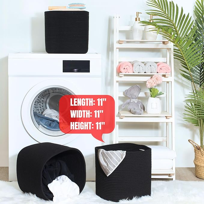 3-Pack 11x11 Inch Cube Storage Bin, Woven Organizer, Closet Cute Square Bins, Decorative Classroom Bathroom Pantry and Shelf Baskets, Full Black (MD-196) - Image 7
