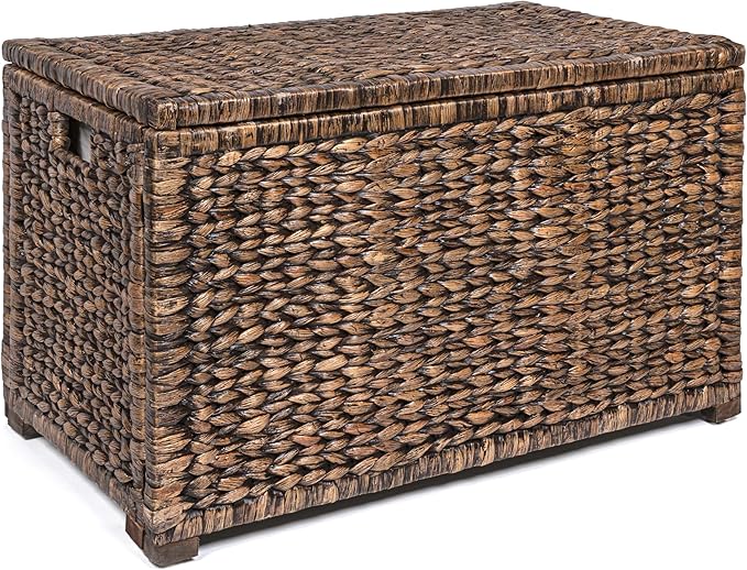 happimess Anada 30" Storage Trunk Wicker Weave Water Hyacinth, Brown Wash | Solid Mahogany Construction, Collapsible Folds Flat, Removable Lid, Fabric Liner, Footed Base, 17.5" Height, 17.5" Depth by Happimess
