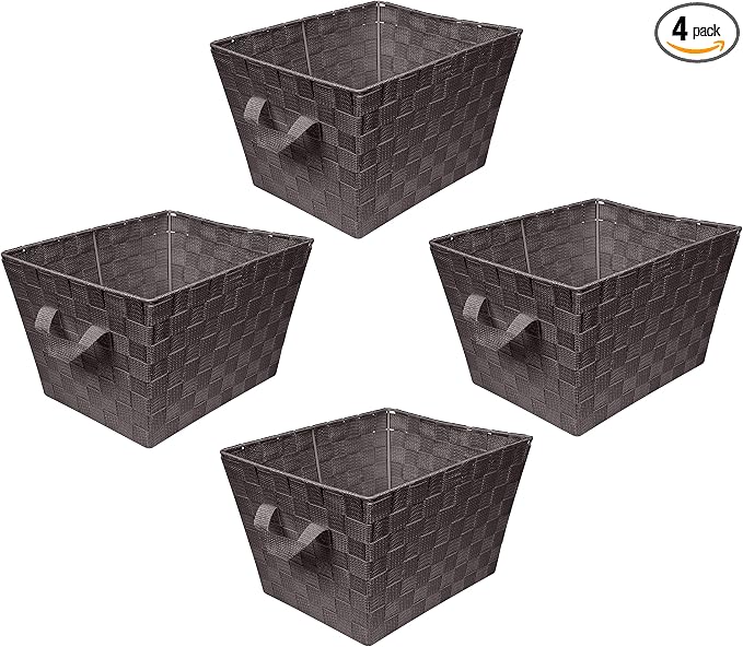 Simplify Medium Woven Strap Tote | Decorative Storage Basket | 2 Handles | Organization | Closet | Bedroom | Bathroom | Nursery | Accessories | Toys | Gifts | 4 Pack | Chocolate by Simplify