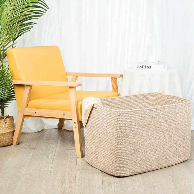 112L Extra Large Blanket Basket Holder Living Room, 25"x17"x16" Rectangle Rope Woven Storage Basket with Handles for Laundry, Towels, Shoes, Dog Toy Organizer Bin Box, Oatmeal Brown - Image 4