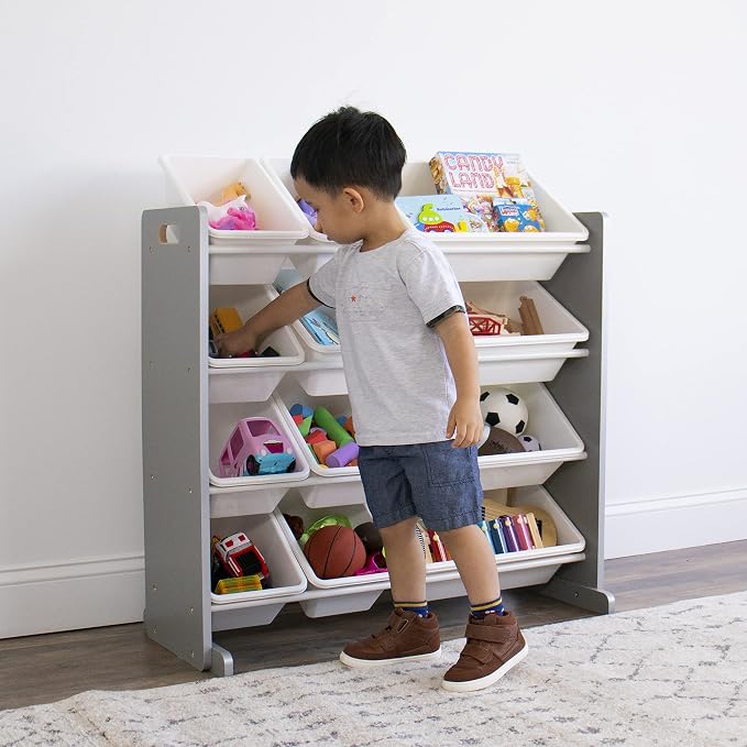 Humble Crew Kids Toy Organizer with 12 Bins, 4 Tier Storage for Playroom | Sturdy wood and steel toddler shelf, removable BPA-free containers, wall anchor anti-tip safety kit for bedroom or classroom - Image 4
