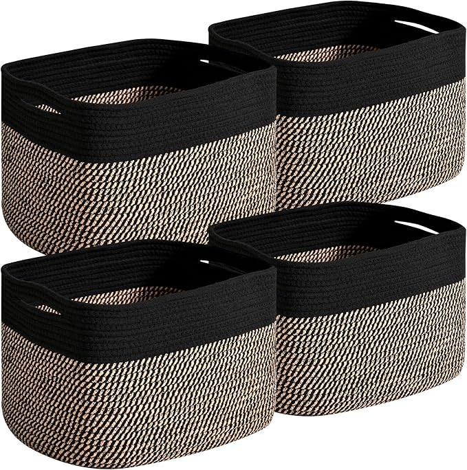 Small Storage Baskets for Organizing Shelves, Cotton Rope Basket for Storage, Cute Rectangular Book Toy Basket, 12.7"×9.1"×7.9", 4 Packs, Black & Jute by Unknown